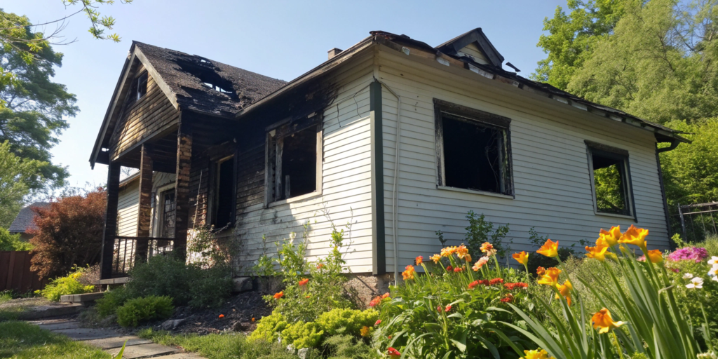 A fire damaged house that a homeowner is preparing to sell after a fire.