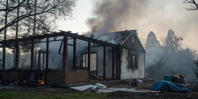 A fire-damaged house and the immediate steps to take after my house burned down.