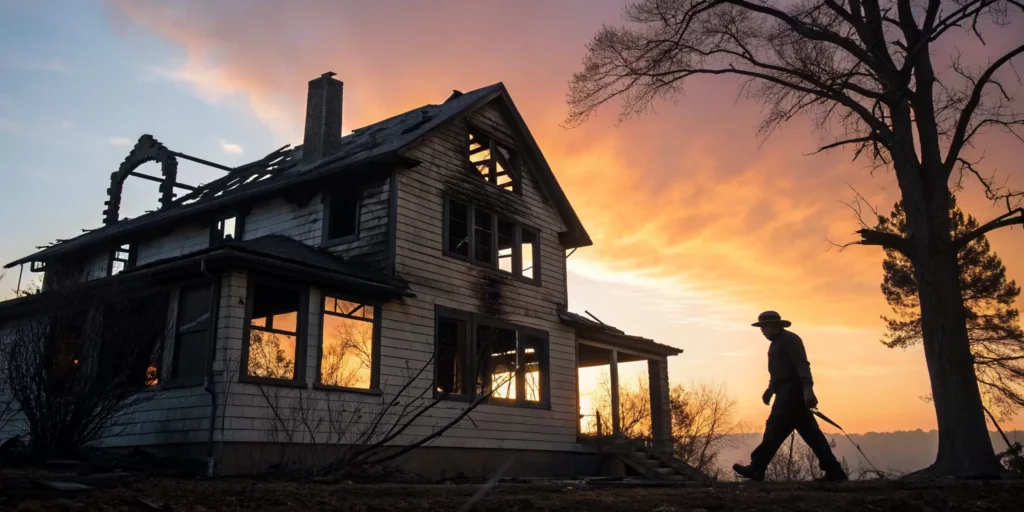 Homeowner assessing a fire damaged house before selling the property.