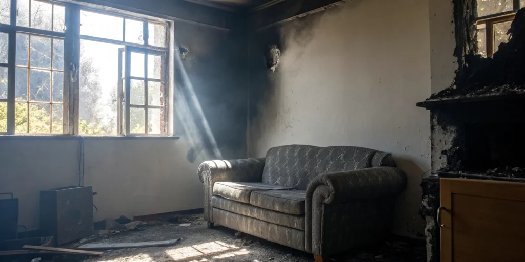 Smoke damage in a home with soot-stained walls and damaged furniture.