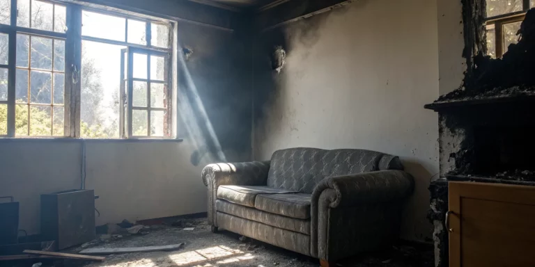 Smoke damage in a home with soot-stained walls and damaged furniture.