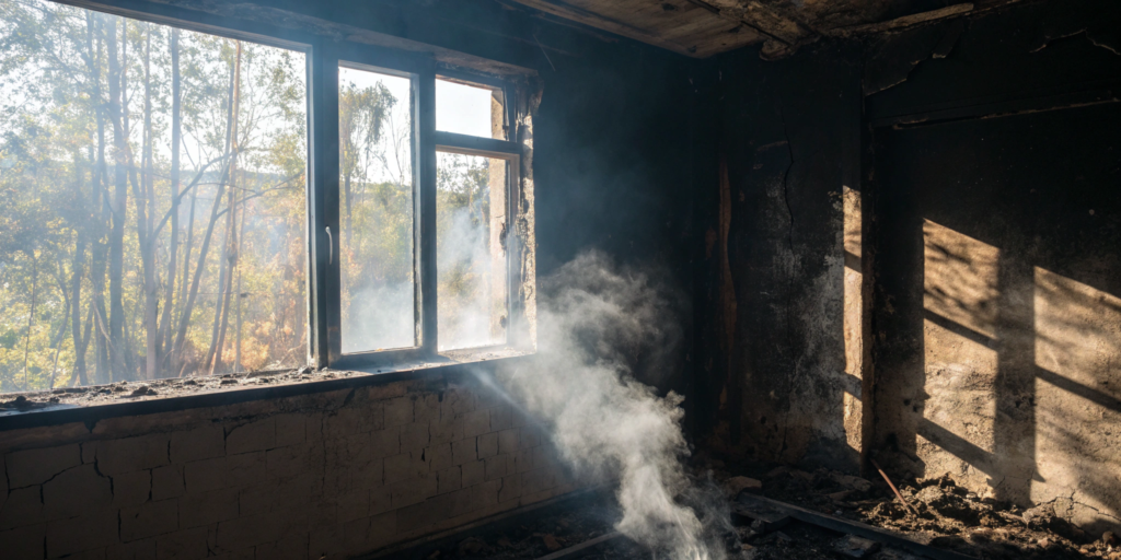 A room with smoke and soot damage, posing serious health risks after a fire.