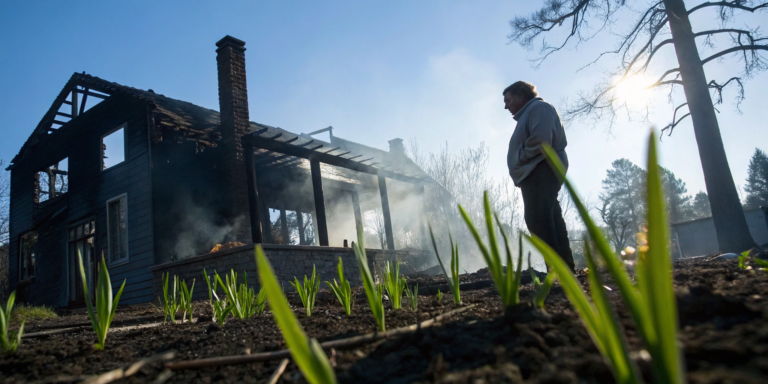 Homeowner surveys the complete destruction after a total loss house fire.