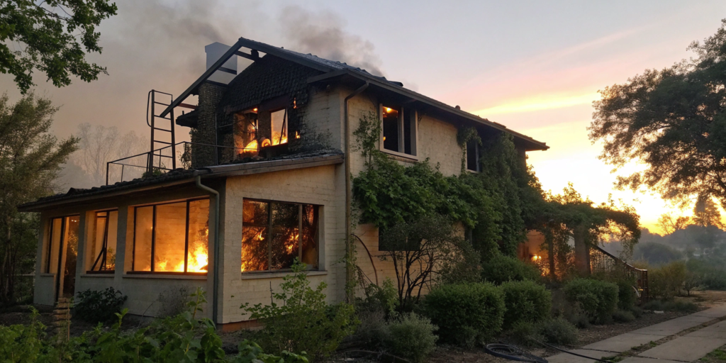 A fire damaged house with a burnt roof, a property we buy for cash.