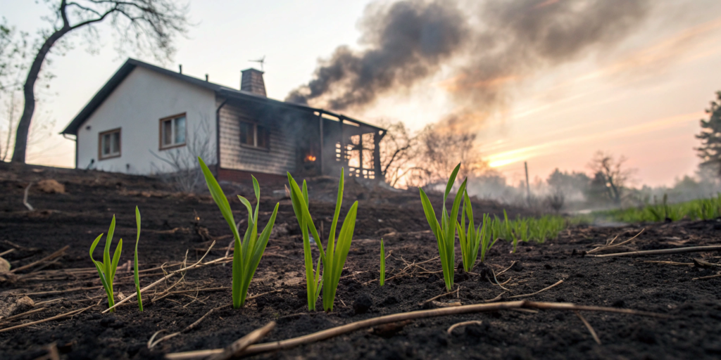 The aftermath of a house fire, with new green grass sprouting from the burnt ground.