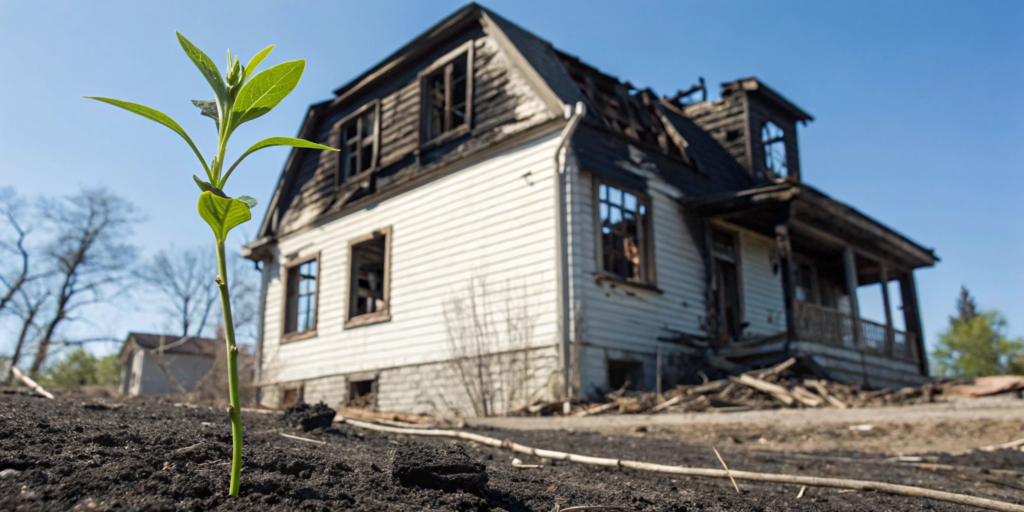 A young green plant grows in front of a home with charred walls and smoke damage.