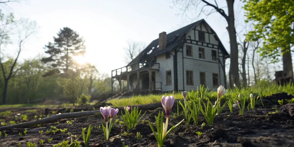 A fire damaged house with a collapsed roof and charred exterior.