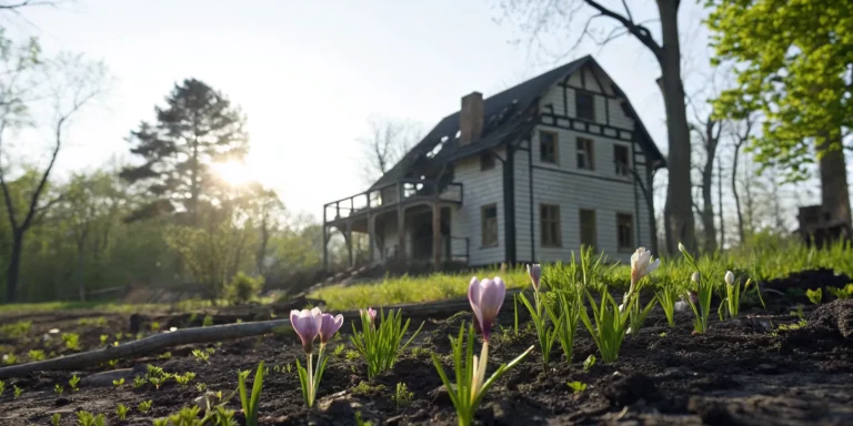 A fire damaged house with a collapsed roof and charred exterior.