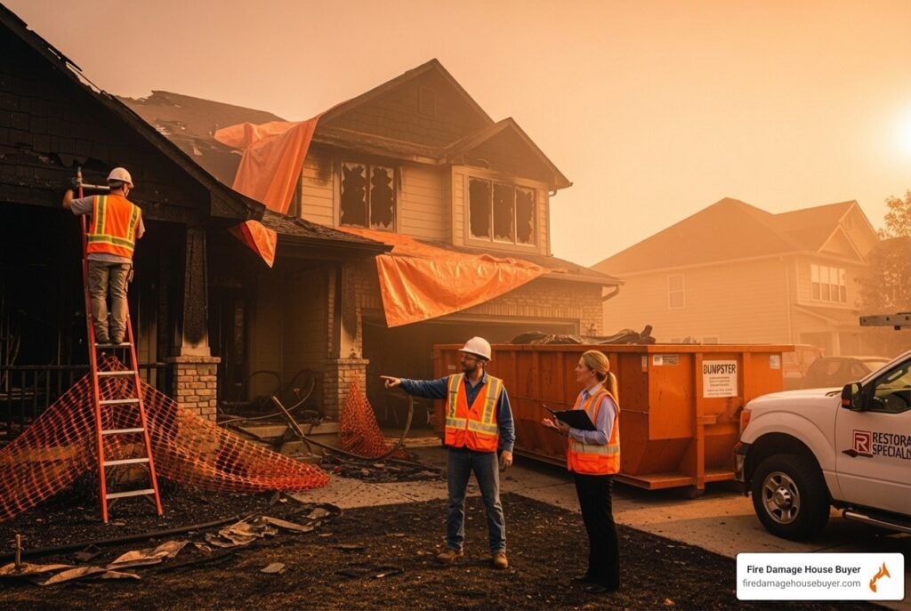 Fire damaged house exterior - how to sell a burned house