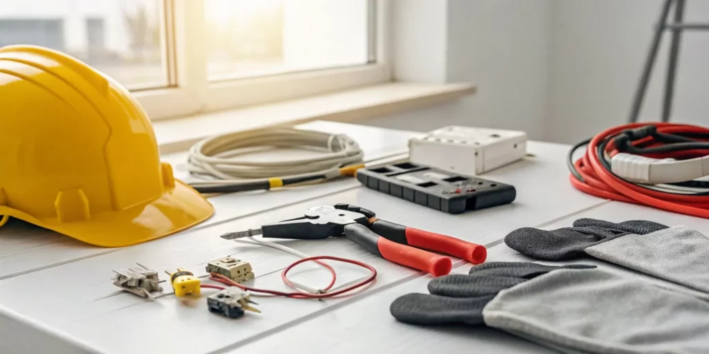 Safety equipment and tools for professional electrical fire damage repair.