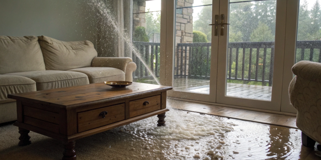 Fire sprinkler causing water damage and flooding a living room with soaked furniture.