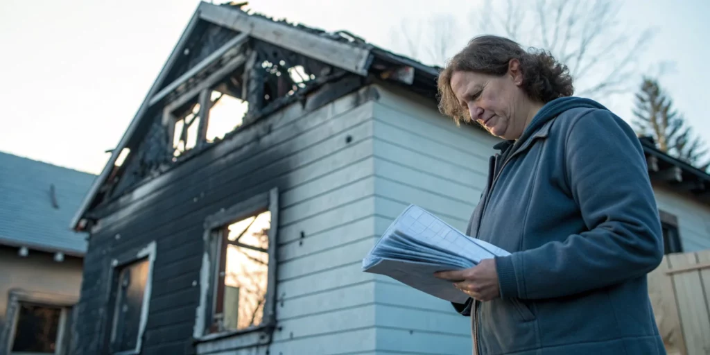 Woman reviewing a fire damage insurance claim in front of her burned home.