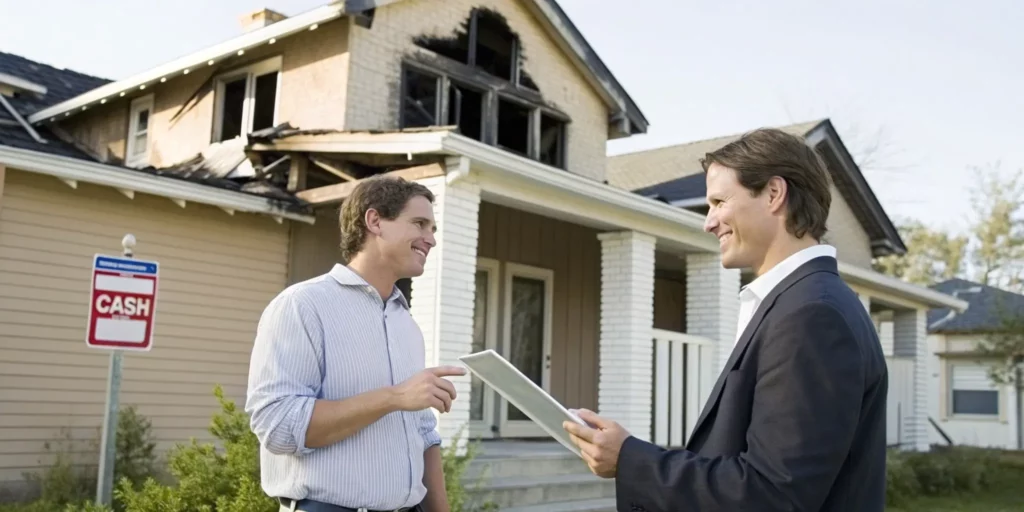 Homeowner receiving a cash offer for a fire damaged house.