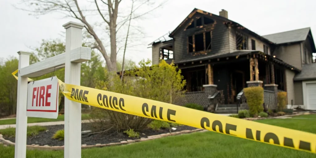 A fire damaged house in California with a for sale sign.