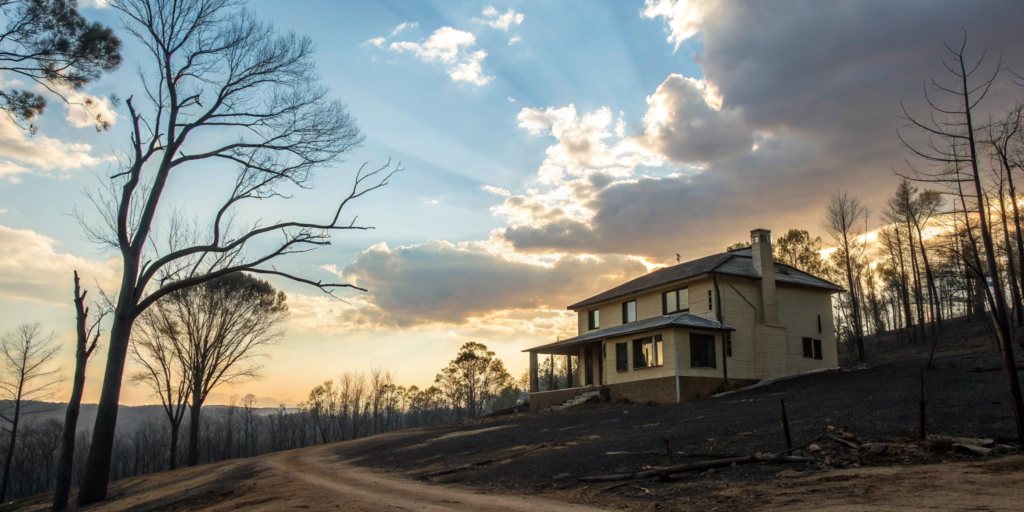 A home with a scorched yard and trees, an example of a fire damaged property to sell.