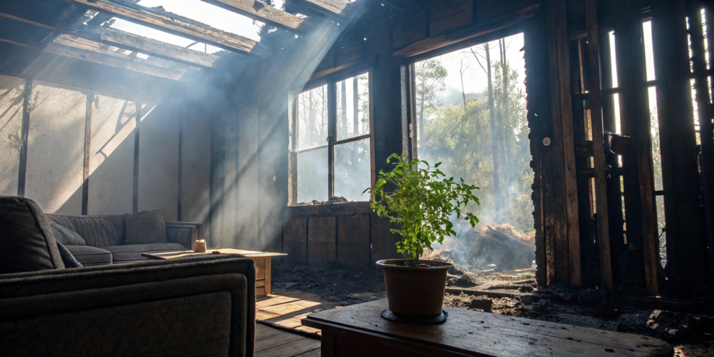 Charred living room walls showing the need for an ozone treatment for smoke damage.