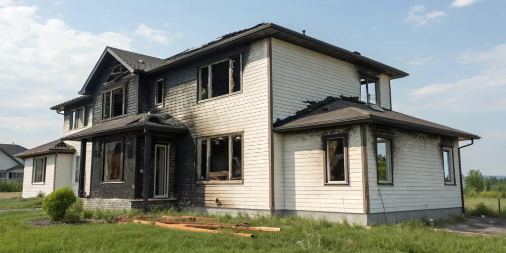 Smoke damaged house with a blackened exterior and broken windows.