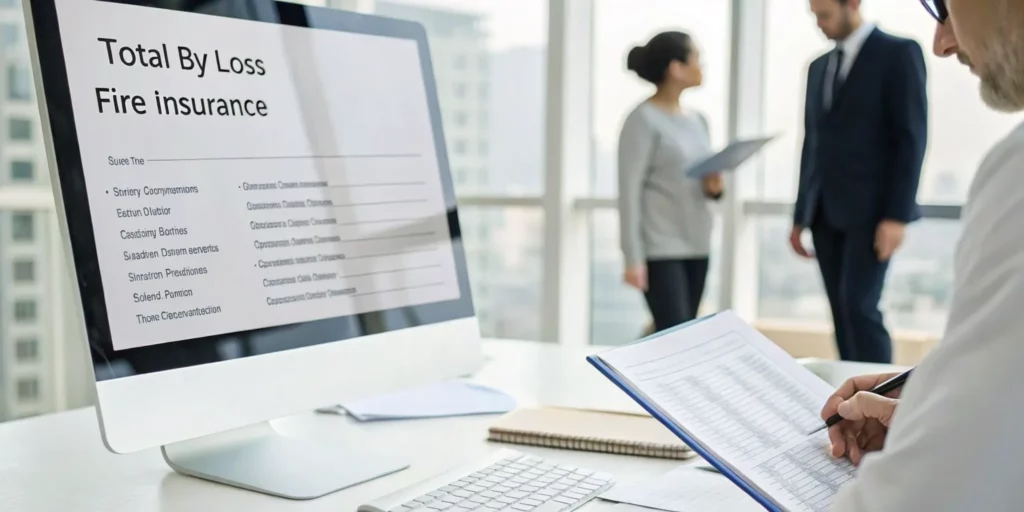 An insurance agent explains the total loss fire claim process to a client in an office.