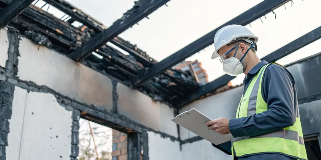 A structural engineer inspects a fire-damaged home to assess its safety and create a repair plan.