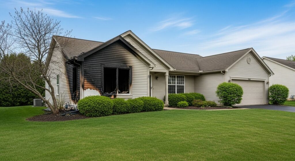 Homeowner reviewing insurance paperwork in front of fire-damaged house