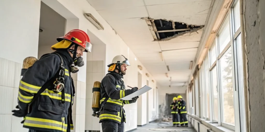 A structural fire damage inspection of a home's charred interior.
