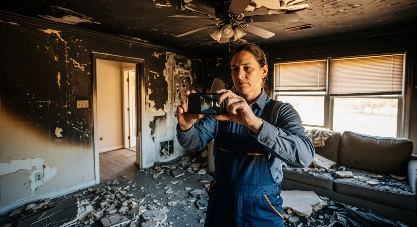 Homeowner documenting fire damage with smartphone for insurance claim