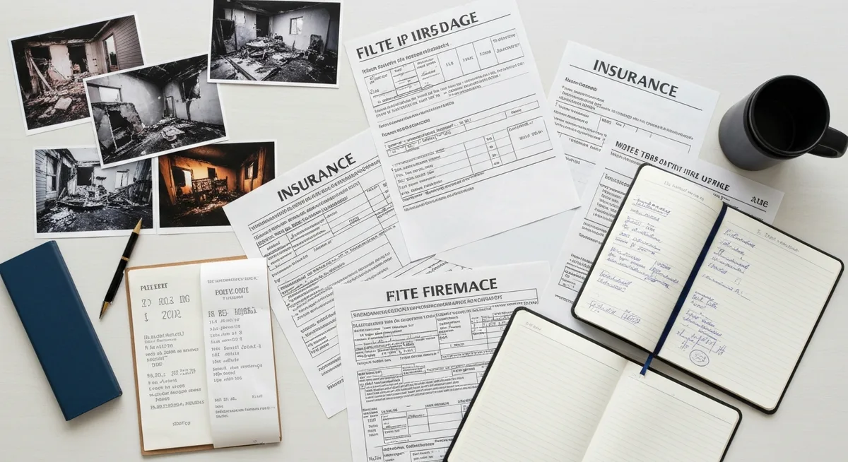 Organizing fire damage documentation including insurance paperwork and property photos