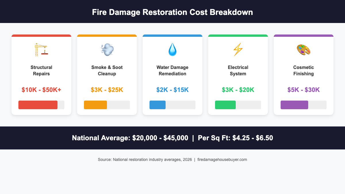 Fire damage restoration cost breakdown by category showing structural, smoke, water, electrical, and cosmetic repair costs