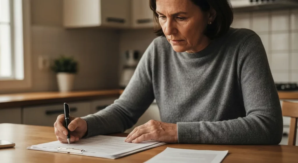 Homeowner reading a fire insurance claim denial letter at kitchen table