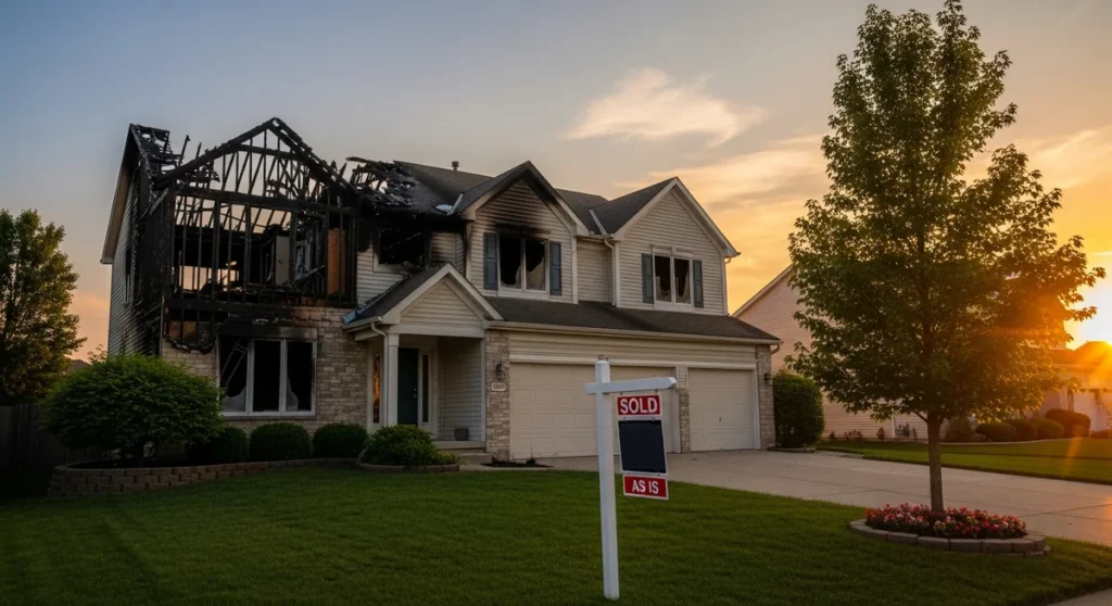 Fire damaged house with SOLD sign - selling a fire damaged house as-is to a cash buyer