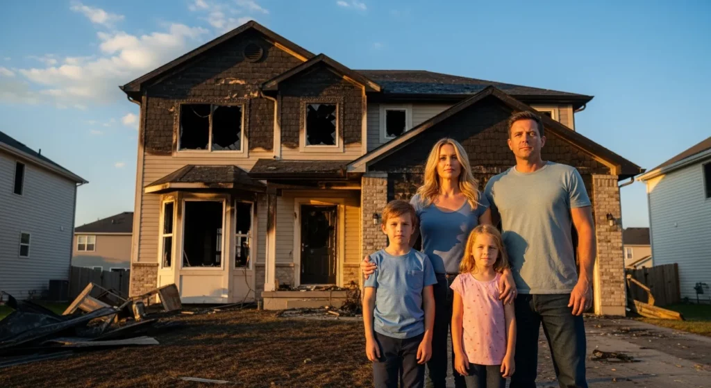 Family standing outside their fire-damaged home considering what to do after a house fire