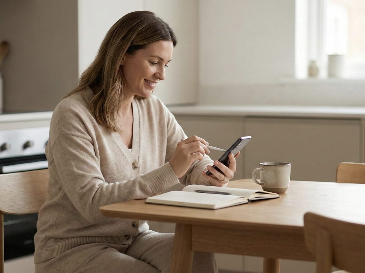 Homeowner sitting at a kitchen table using her phone to request a cash offer for her fire damaged house